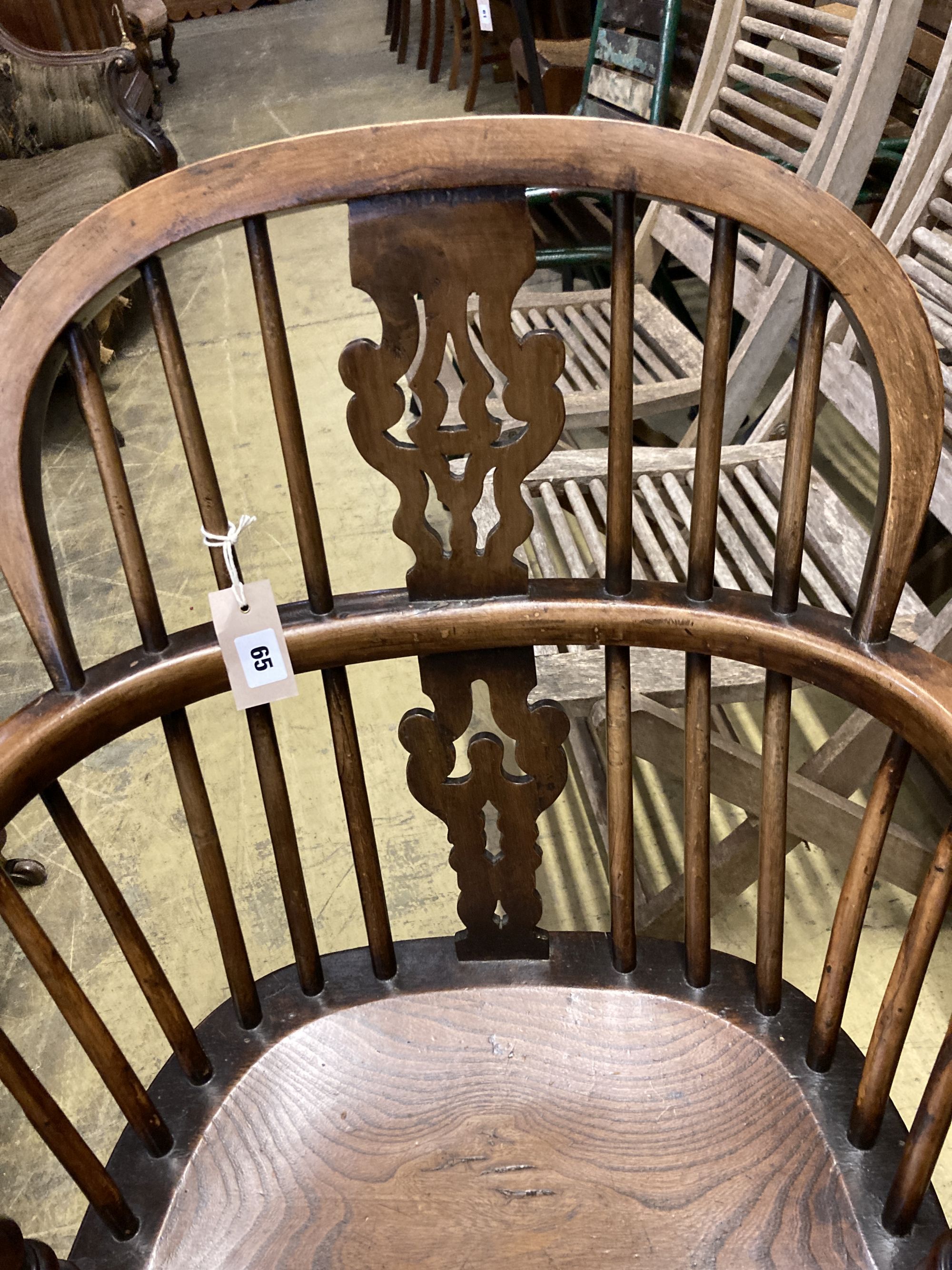 A 19th century yew and elm Windsor elbow chair, width 53cm, depth 40cm, height 94cm